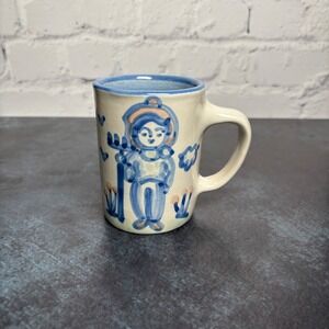 M.A. Hadley Hand Painted Stoneware Mug Farmer Gardener Blue White The End 8oz